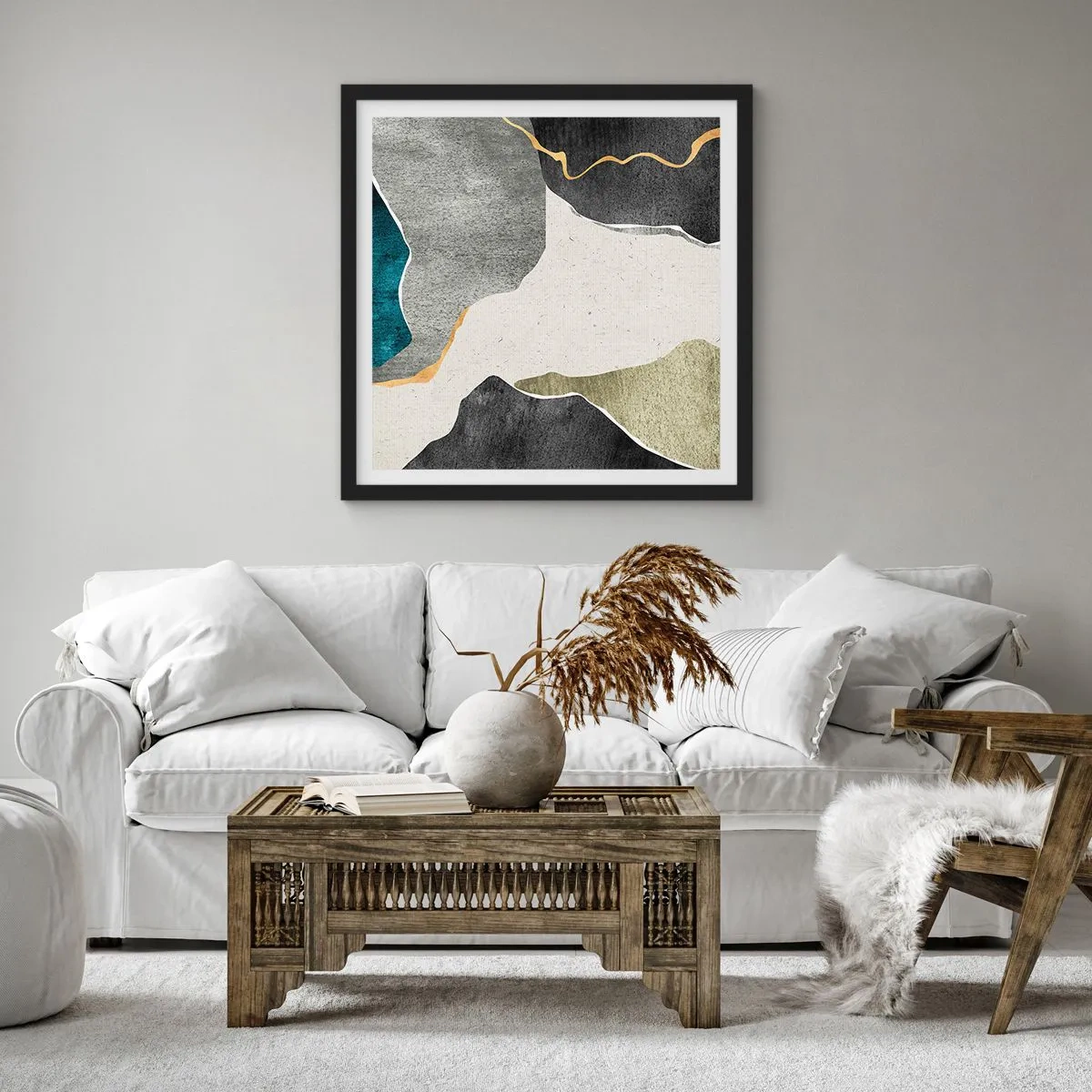 Plakat i sort ramme - Mosaikkomposition med en streng af guld - 60x60 cm