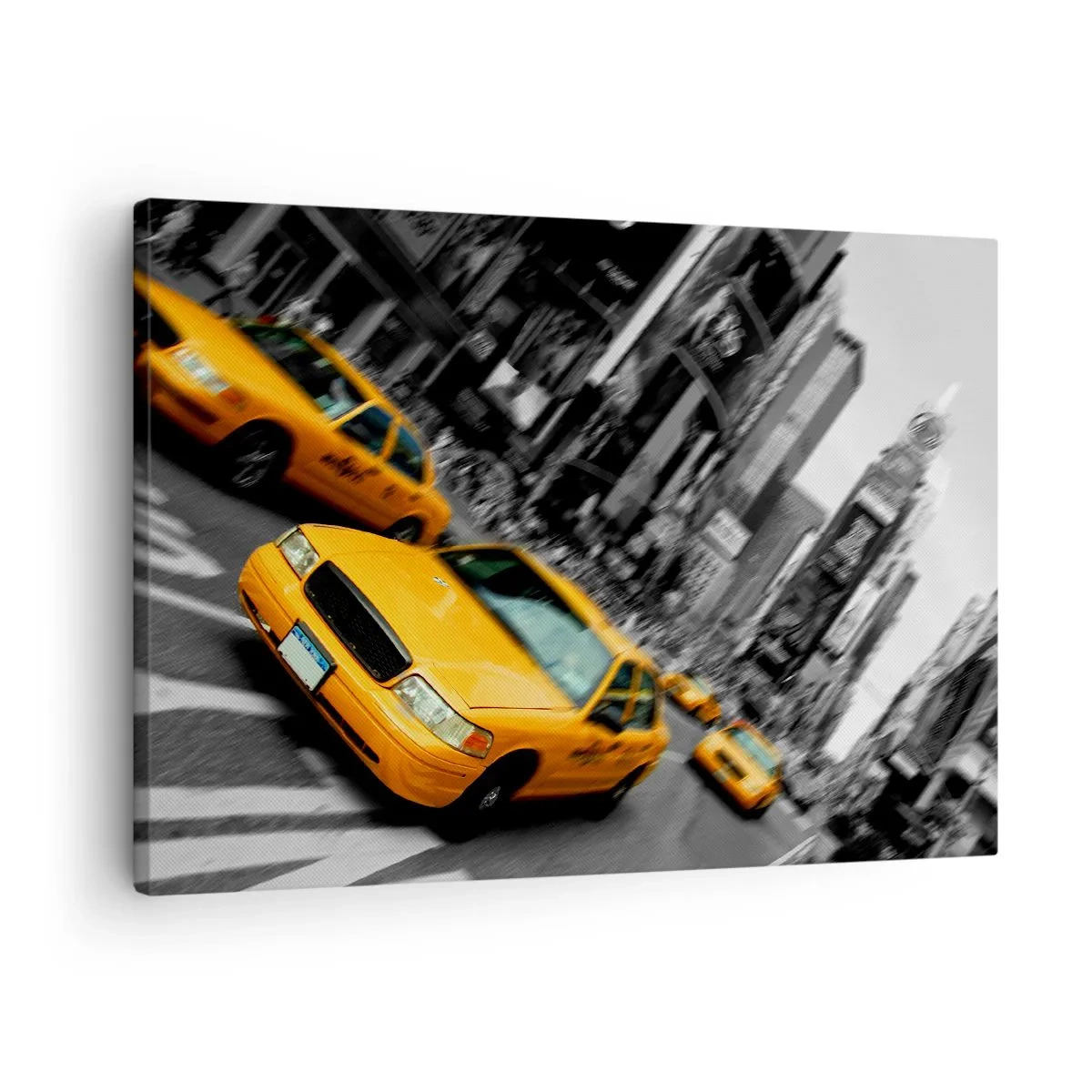 Lærredstryk - Billede på lærred - Gule taxaer ved et travlt bykryds - 70x50cm - New York’s soldråber - Moderne vægdekoration til stue og soveværelse ARTTOR