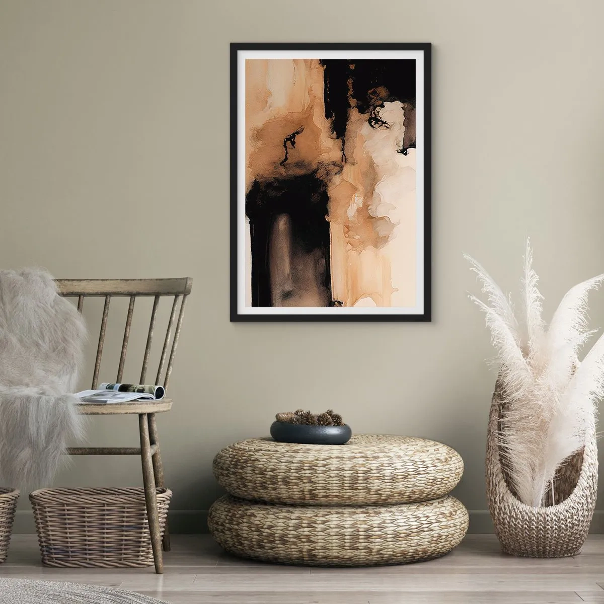 Plakat i sort ramme - En abstrakt komposition i varme brune nuancer. - 50x70cm - En spændende abstraktion - Moderne vægdekoration til stue og soveværelse ARTTOR