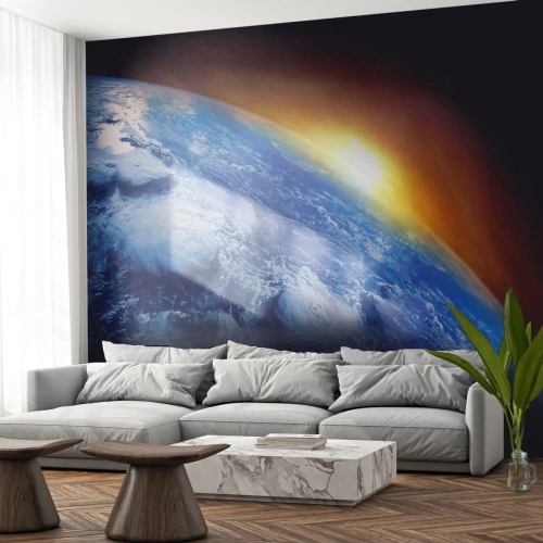Fototapet Selvklæbende Deluxe Sticker - Solopgang over den blå planet - Abstraktion, 3D, Kosmos - 400x280 cm
