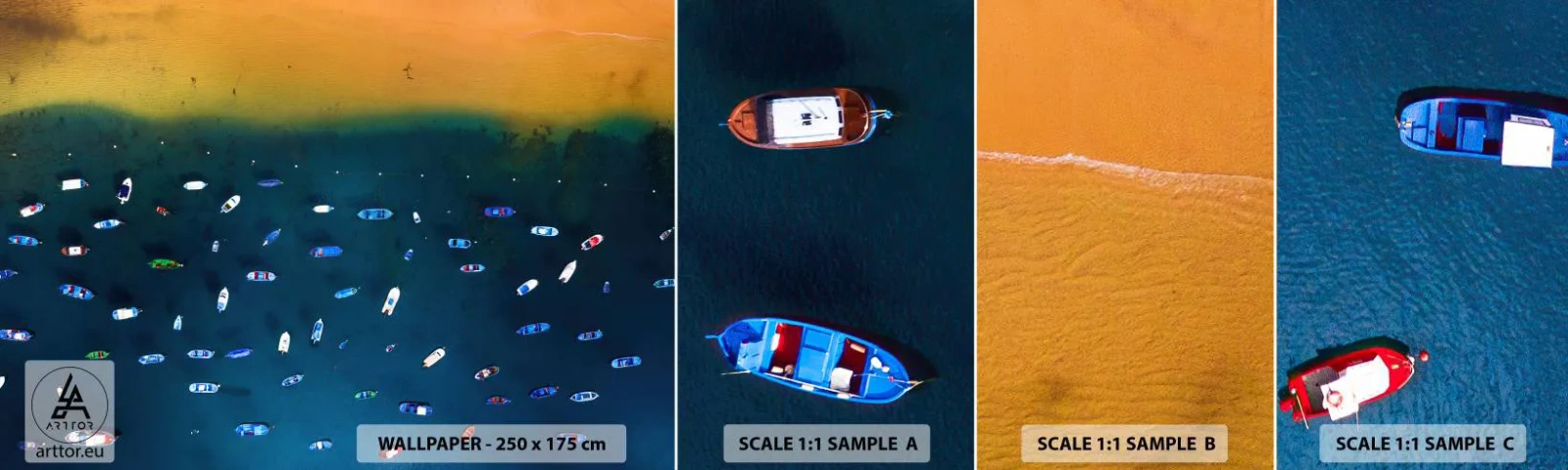 Fototapet Prøve Standard Eco - En ferieleg - Både, Strand, Kyst - 100x30 cm