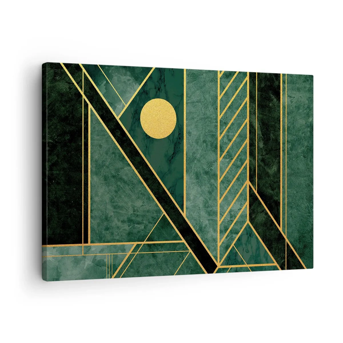 Lærredstryk - Billede på lærred - Grønt og guld geometrisk design med et elegant mønster - 70x50cm - Dynamikken i guld og azurblå - Moderne vægdekoration til stue og soveværelse ARTTOR