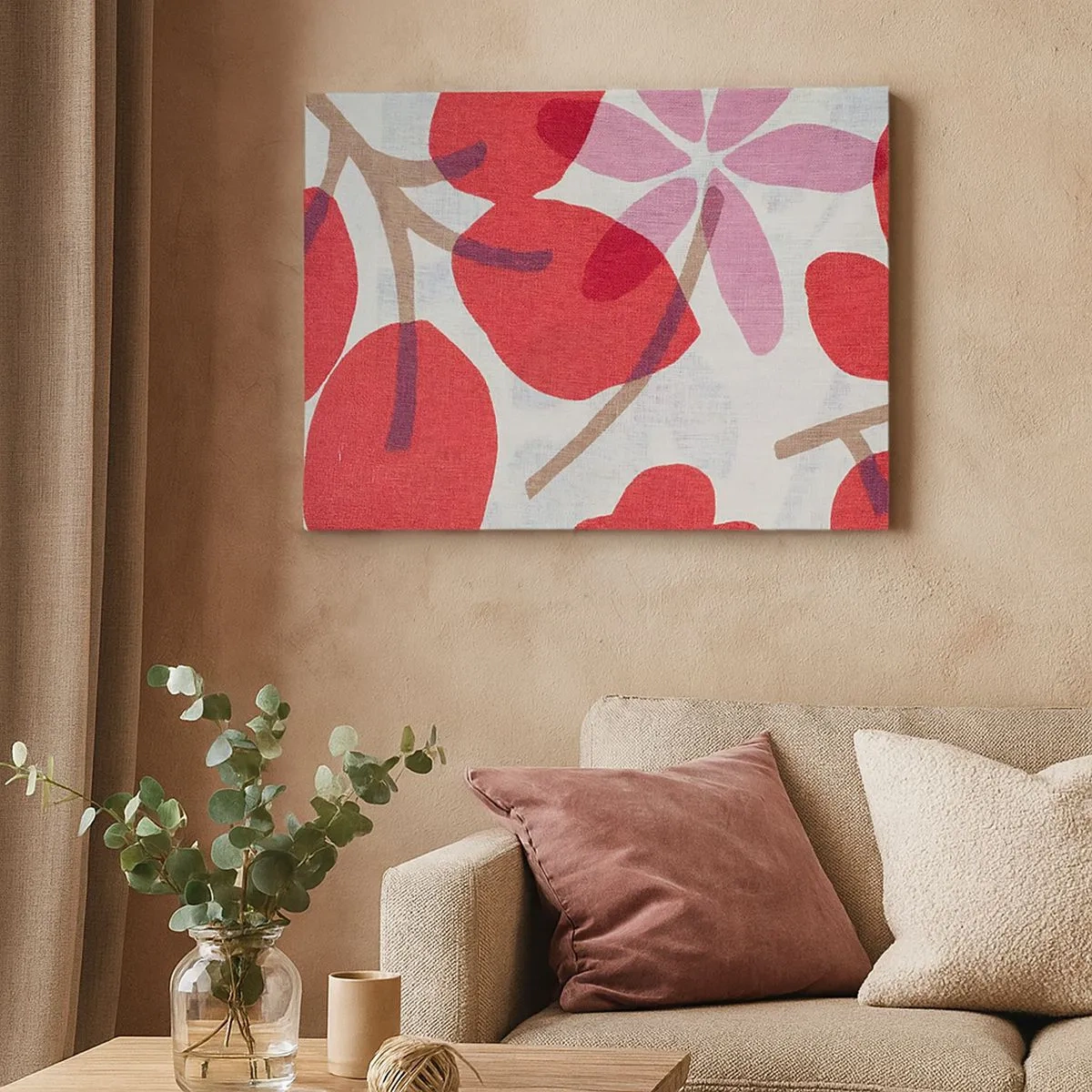 Lærredstryk - Billede på lærred - Blomster og blade i nuancer af rød og lyserød - 70x50cm - Blomsterkomposition i pink - Moderne vægdekoration til stue og soveværelse ARTTOR