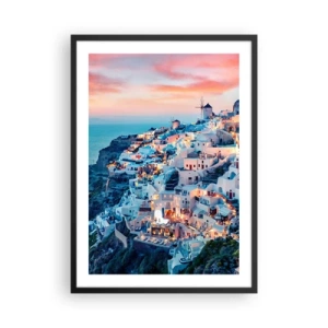 Plakat i sort ramme - Malerisk udsigt over de oplyste huse på Santorini ved solnedgang - 50x70cm - Din store græske ferie - Moderne vægdekoration til stue og soveværelse ARTTOR
