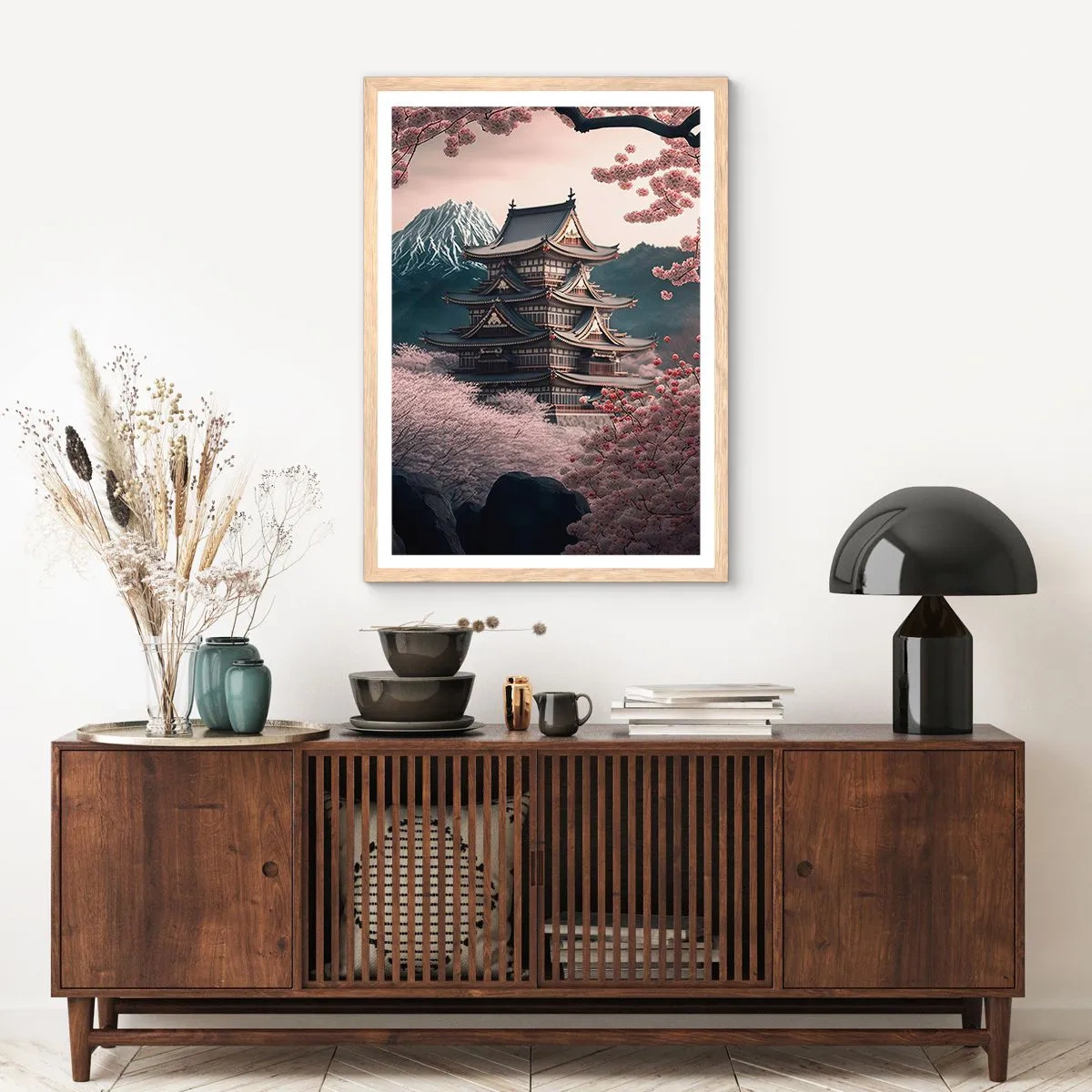 Plakat i ramme af lyst egetræ - Kirsebærblomsternes land - 30x40 cm