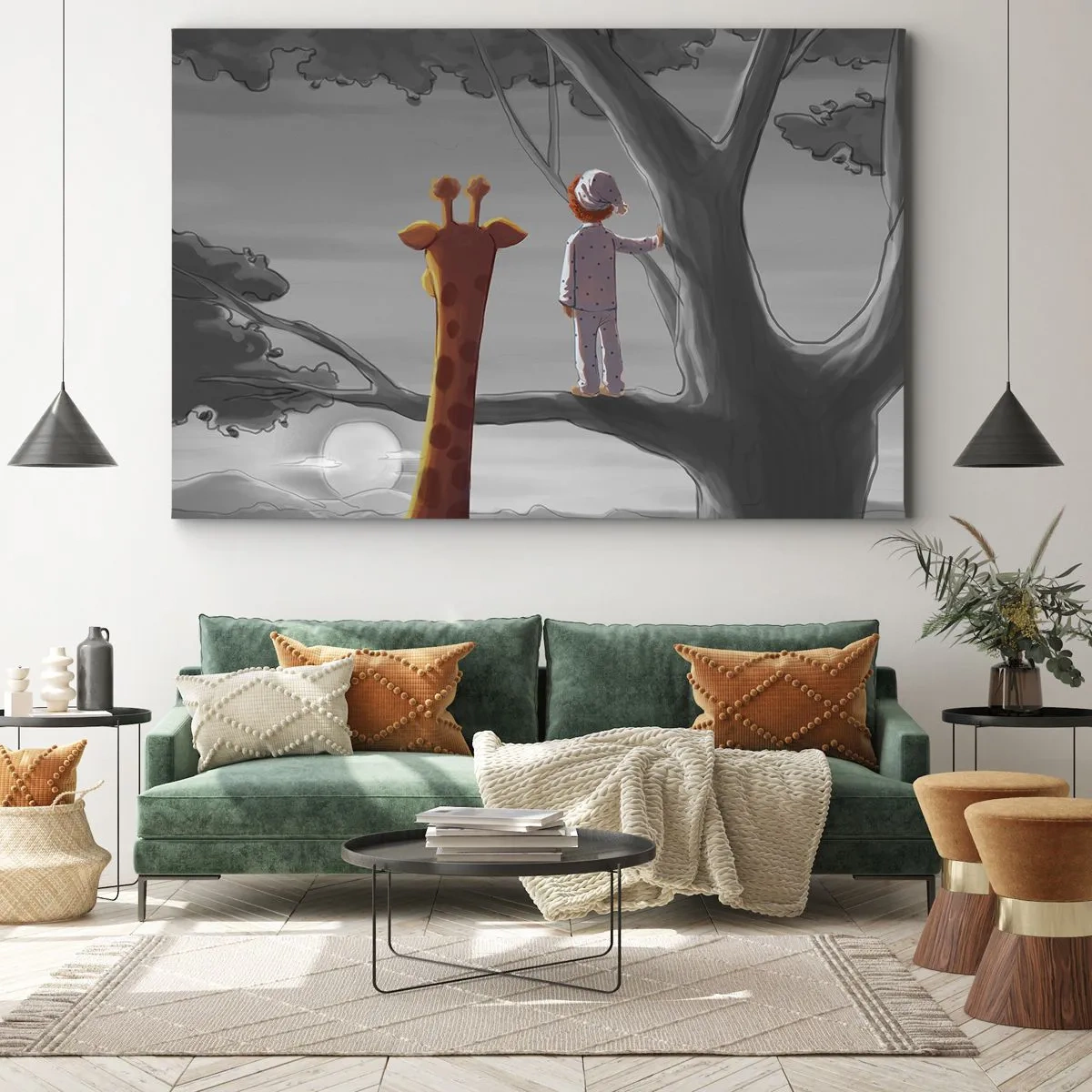 Lærredstryk - Billede på lærred - Et barn og en giraf på en trægren i et eventyrlandskab - 70x50cm - Det sker virkelig - Moderne vægdekoration til stue og soveværelse ARTTOR