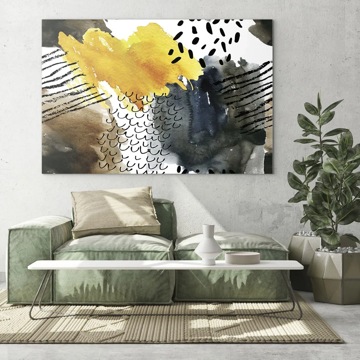 Billede på glas - En abstrakt komposition med pletter og linjer i jordfarver. - 70x50cm - Et møde mellem elementerne - Moderne vægdekoration til stue og soveværelse ARTTOR