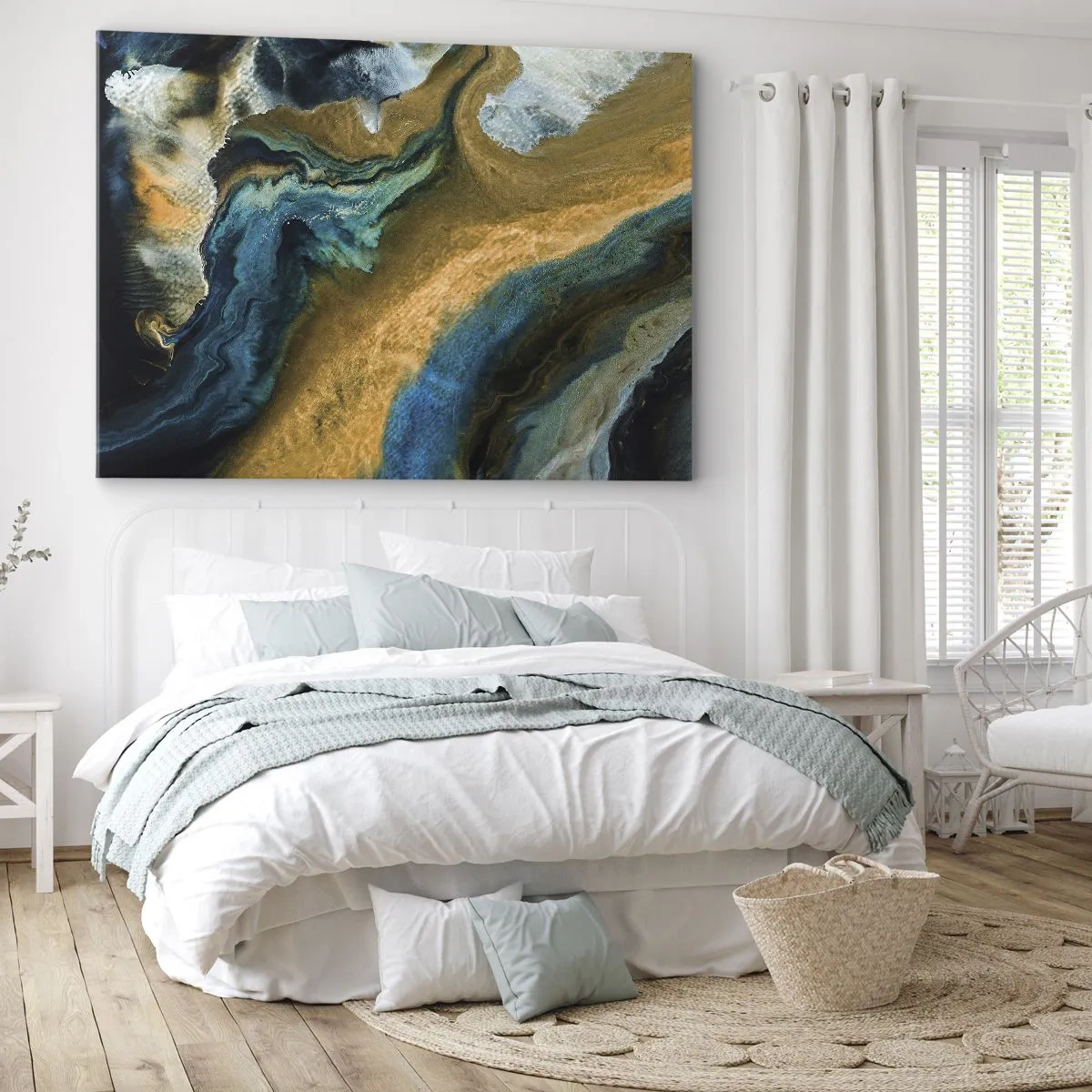 Lærredstryk - Billede på lærred - Abstrakte bølger i nuancer af guld og blå - 70x50cm - Blå - gul - gensidig indflydelse - Moderne vægdekoration til stue og soveværelse ARTTOR