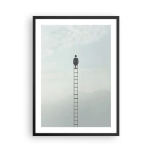 Plakat i sort ramme - Mand på en stige kigger på himlen - 50x70cm - Stig yderligere - Moderne vægdekoration til stue og soveværelse ARTTOR