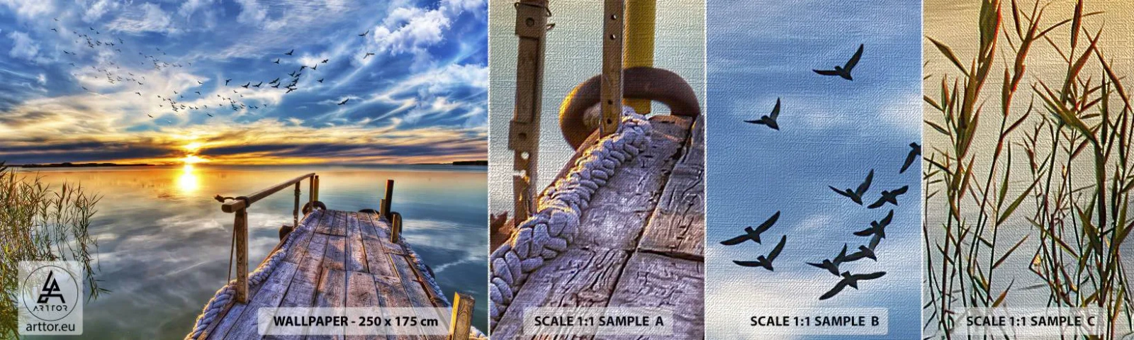 Prøve Fototapet Premium Canvas - Vinden går til ro - Landskab, Sø, træbro - 100x30 cm