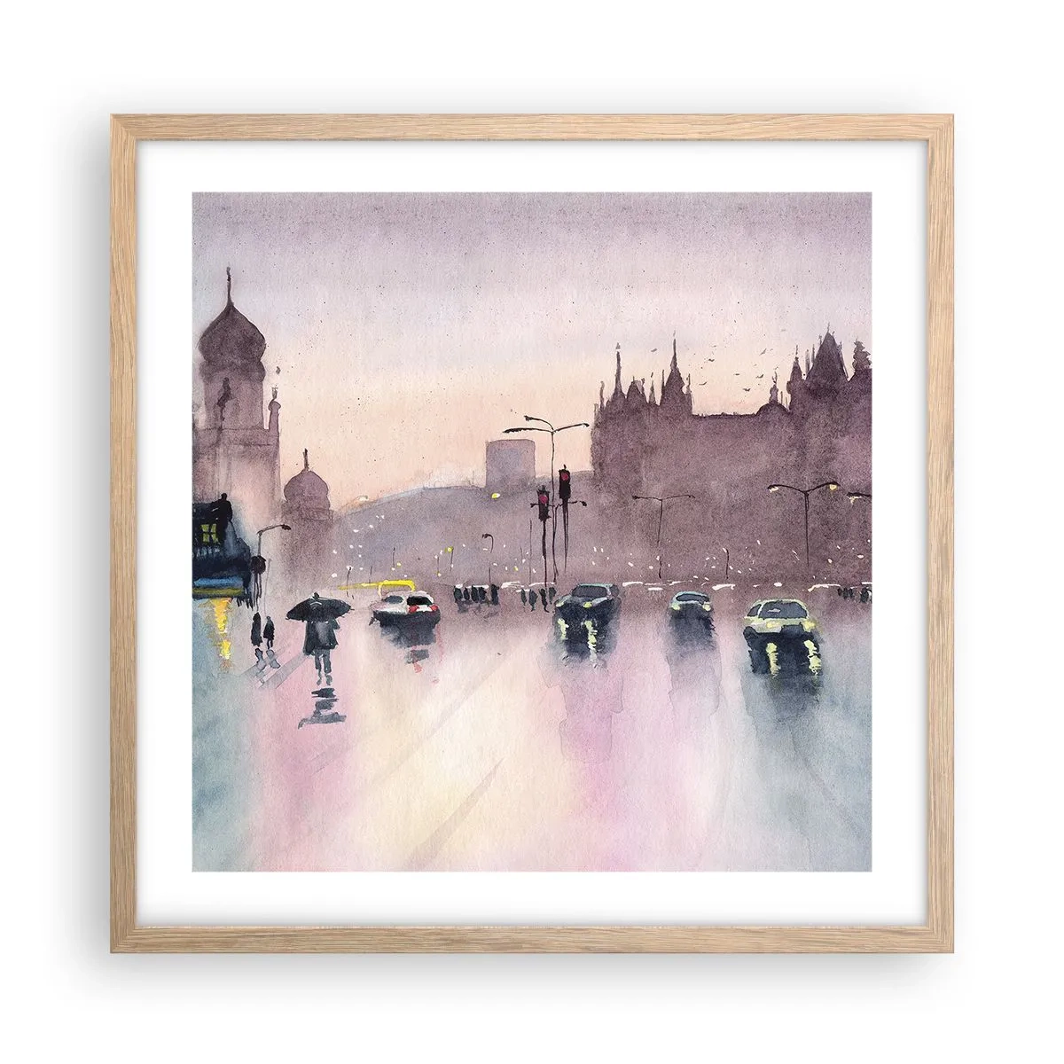 Plakat i ramme af lyst egetræ - I en regnfuld tåge - 50x50 cm
