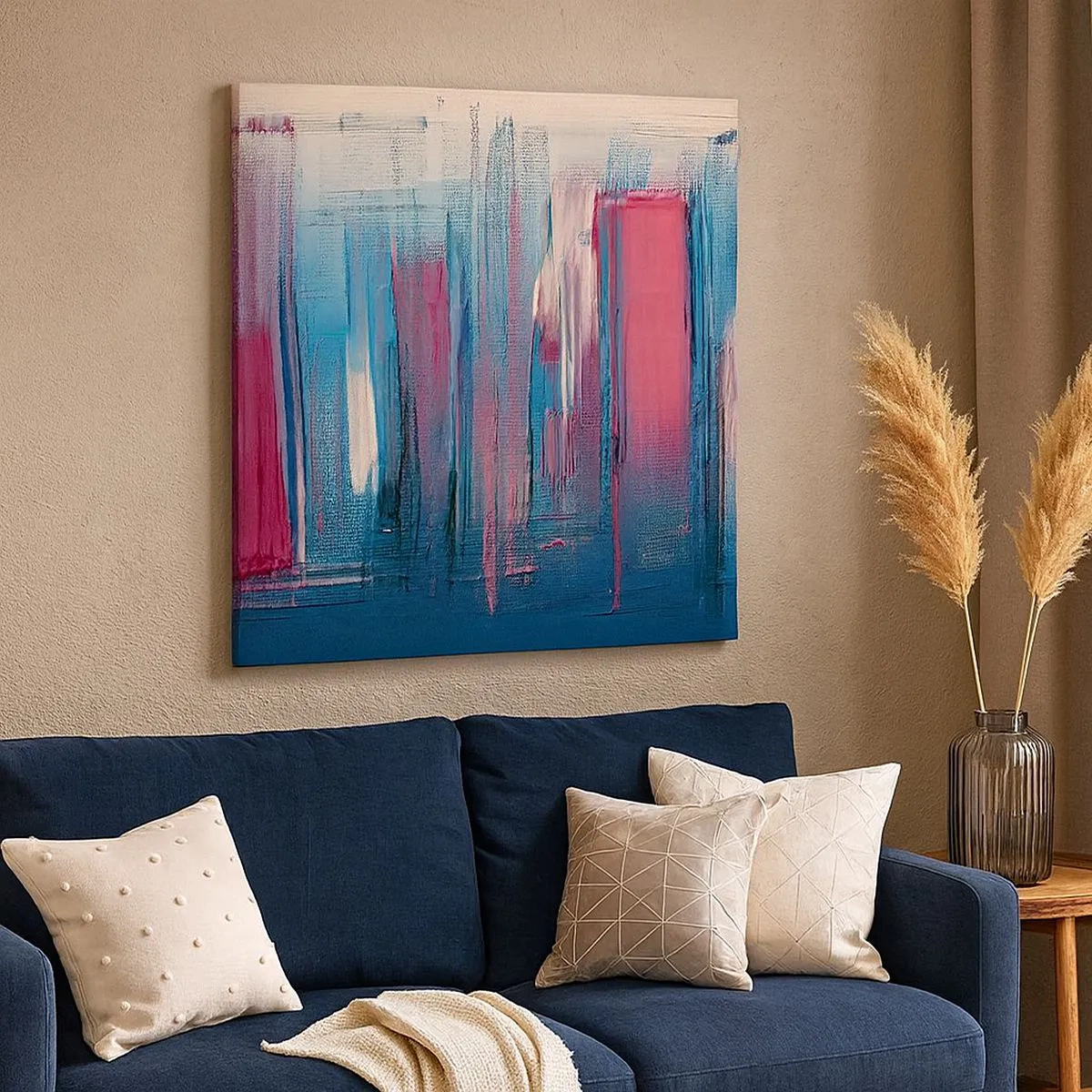 Lærredstryk - Billede på lærred - Lodret komposition i blåt og rødt - 30x30 cm