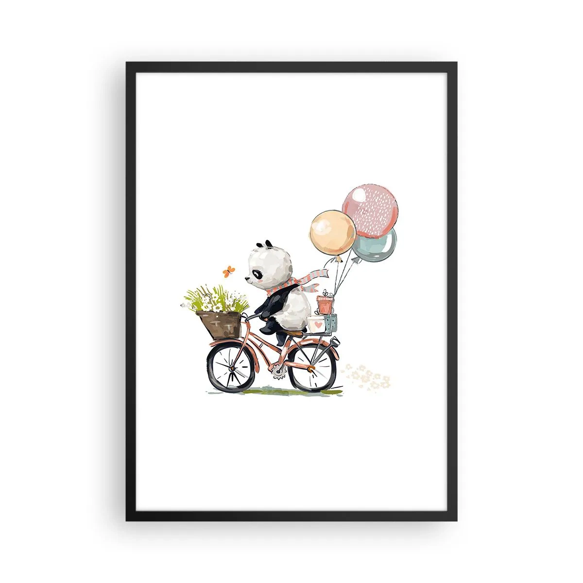 Plakat i sort ramme - Panda på cykel med balloner og blomster i eventyrstil - 50x70cm - Glædelig dag - Moderne vægdekoration til stue og soveværelse ARTTOR