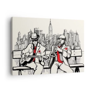 Lærredstryk - Billede på lærred - En jazzduo med saxofon og guitar med byen som baggrund - 70x50cm - New York improvisation - Moderne vægdekoration til stue og soveværelse ARTTOR