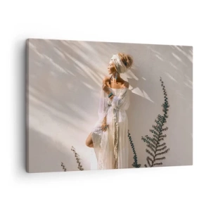 Lærredstryk - Billede på lærred - En kvinde i boho-stil oplyst af solens stråler - 70x50cm - Solen og pigen - Moderne vægdekoration til stue og soveværelse ARTTOR