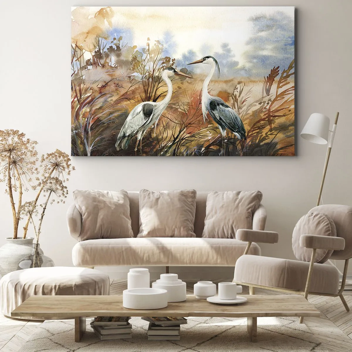 Lærredstryk - Billede på lærred - To hejrer mod baggrunden af et efterårslandskab - 70x50cm - Hvor skal vi hen om efteråret? - Moderne vægdekoration til stue og soveværelse ARTTOR