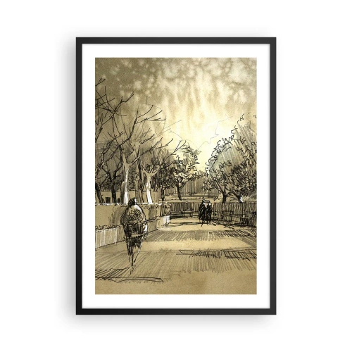 Plakat i sort ramme - Sepia-tonet parkillustration i skitsestil - 50x70cm - Et øjeblik med fjer - Moderne vægdekoration til stue og soveværelse ARTTOR