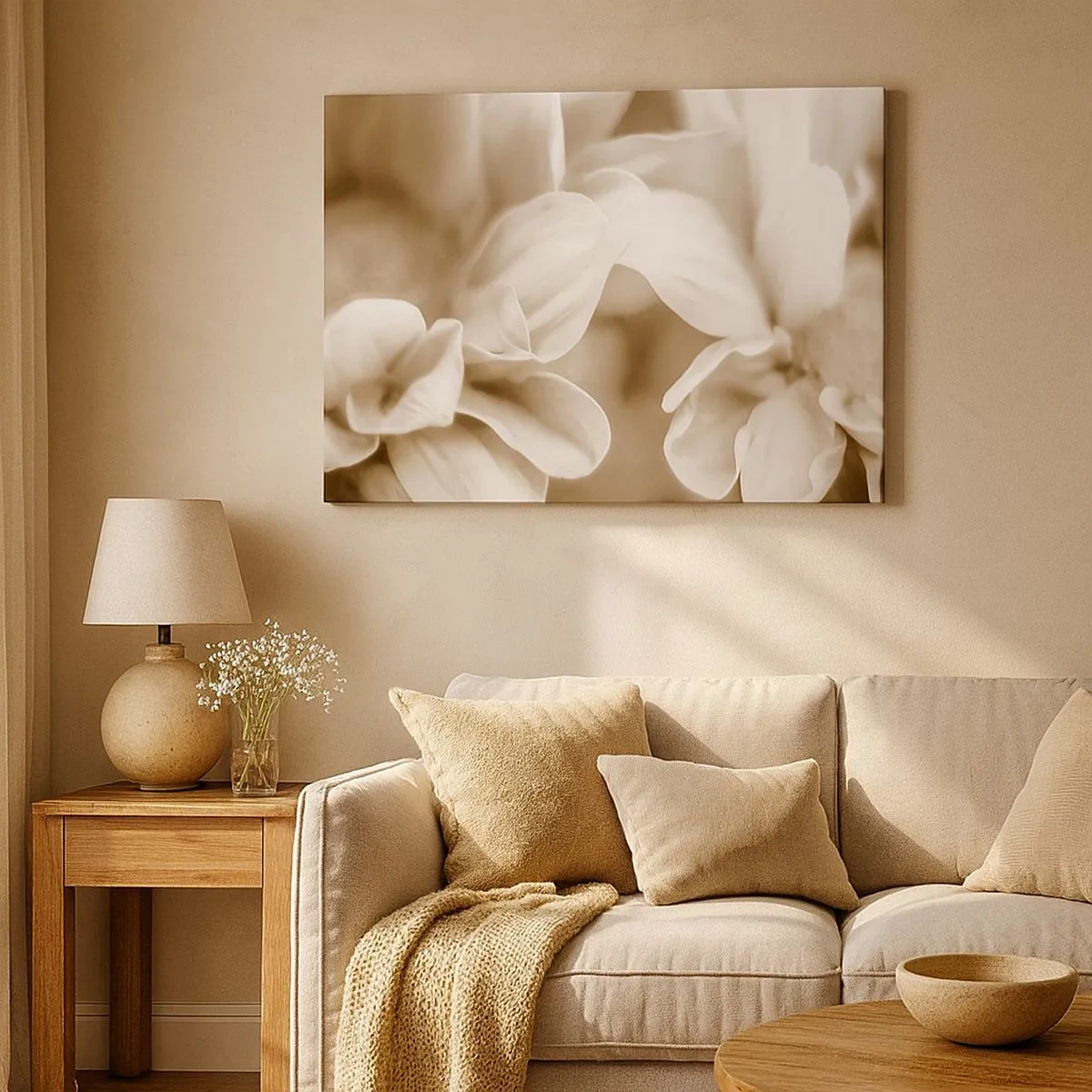 Lærredstryk - Billede på lærred - Nærbillede af blomster i en delikat sepia-tone med bløde konturer - 70x50cm - Blid som et smil - Moderne vægdekoration til stue og soveværelse ARTTOR