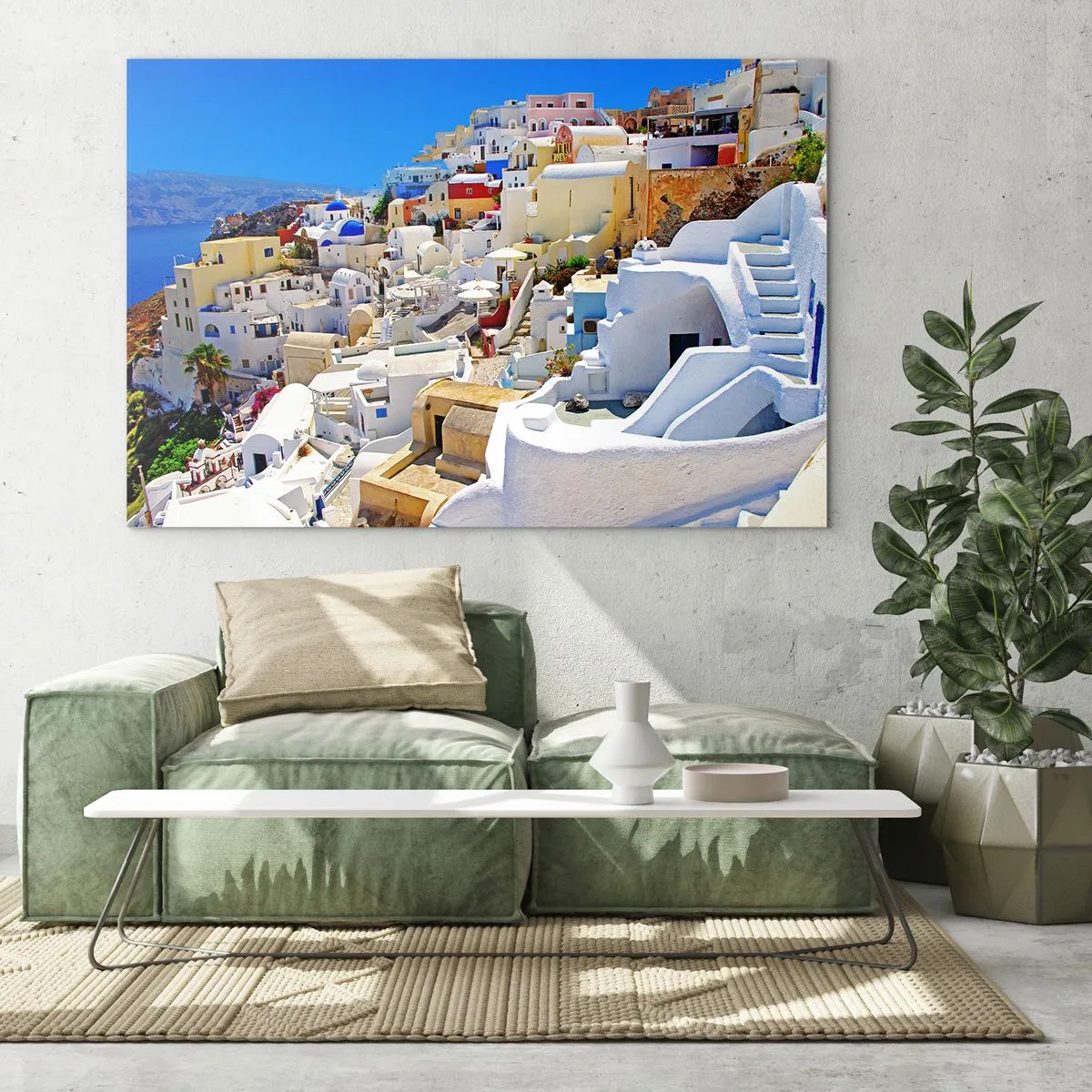 Billede på glas - Santorini med hvide huse mod en blå himmel - 70x50cm - Drømme om en græsk sommer - Moderne vægdekoration til stue og soveværelse ARTTOR