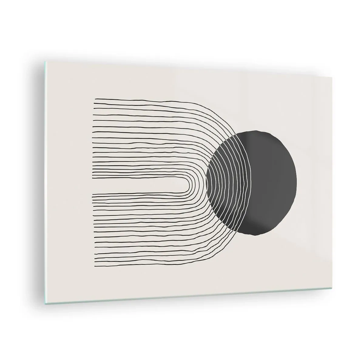 Billede på glas - Minimalistisk grafik med sort cirkel og linjer - 70x50cm - Rystende og selvsikker - Moderne vægdekoration til stue og soveværelse ARTTOR