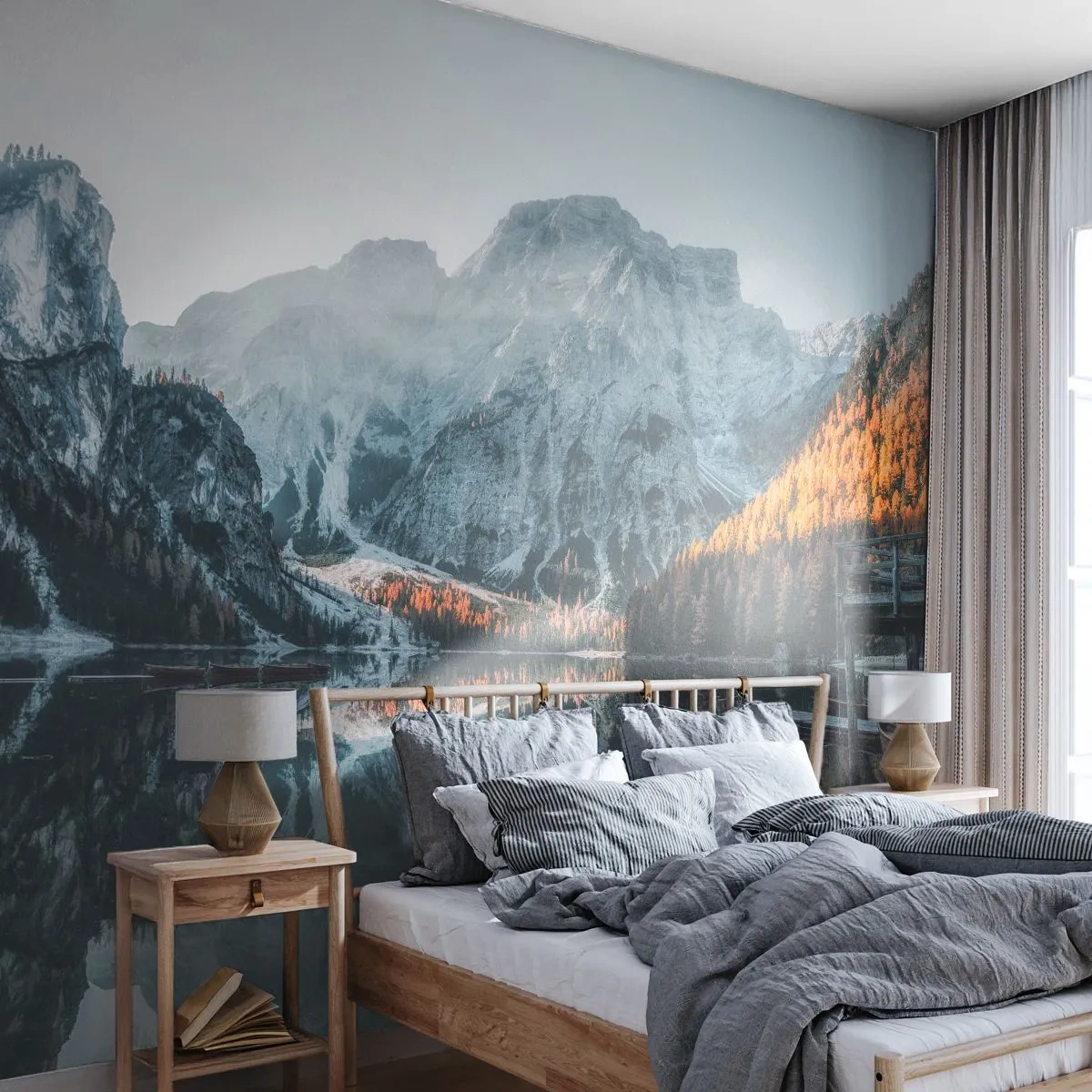 Fototapet Selvklæbende Deluxe Sticker - Spejllandskab - Landskab, Bjerge, Sø - 350x256 cm