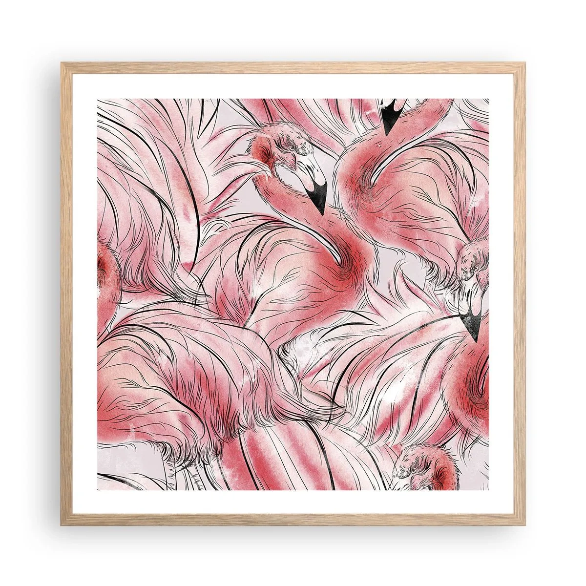 Plakat i ramme af lyst egetræ - Fugle corps de ballet - 60x60 cm