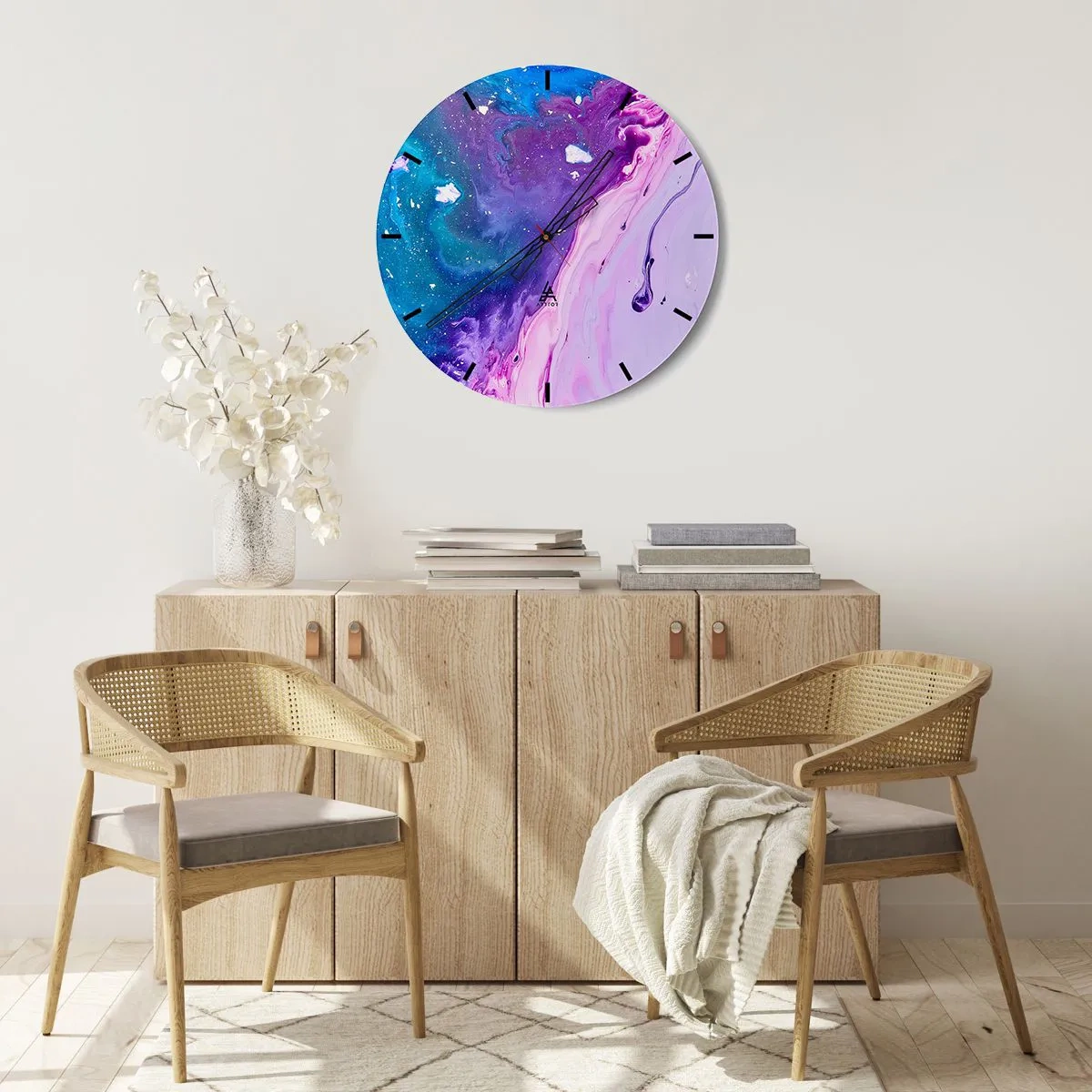 Vægur, Uret - Abstrakte farver i lilla og blå nuancer - 30x30cm - Yin og yang - Moderne vægdekoration til stue, køkken og soveværelse ARTTOR