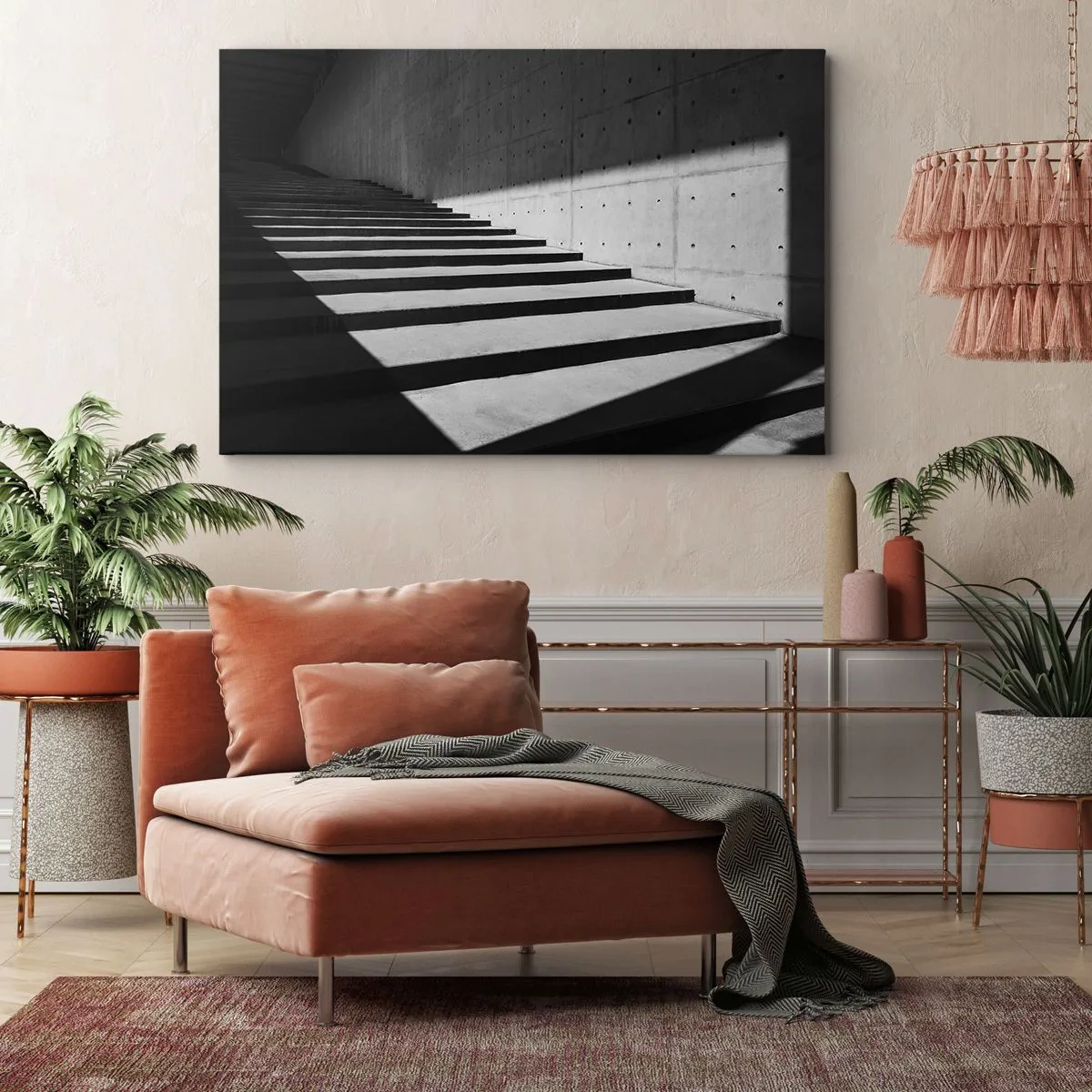 Lærredstryk - Billede på lærred - Trapper i minimalistisk stil i sort og hvid - 70x50cm - Modernismens rå skønhed - Moderne vægdekoration til stue og soveværelse ARTTOR