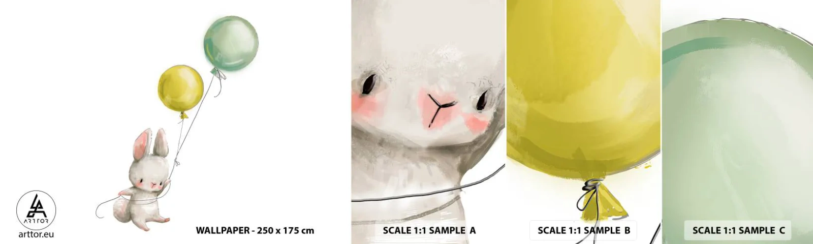 Prøve Fototapet Selvklæbende Deluxe Sticker - Jeg vil også anbefale den! - For børn, Kanin, Farverige balloner - 100x30 cm