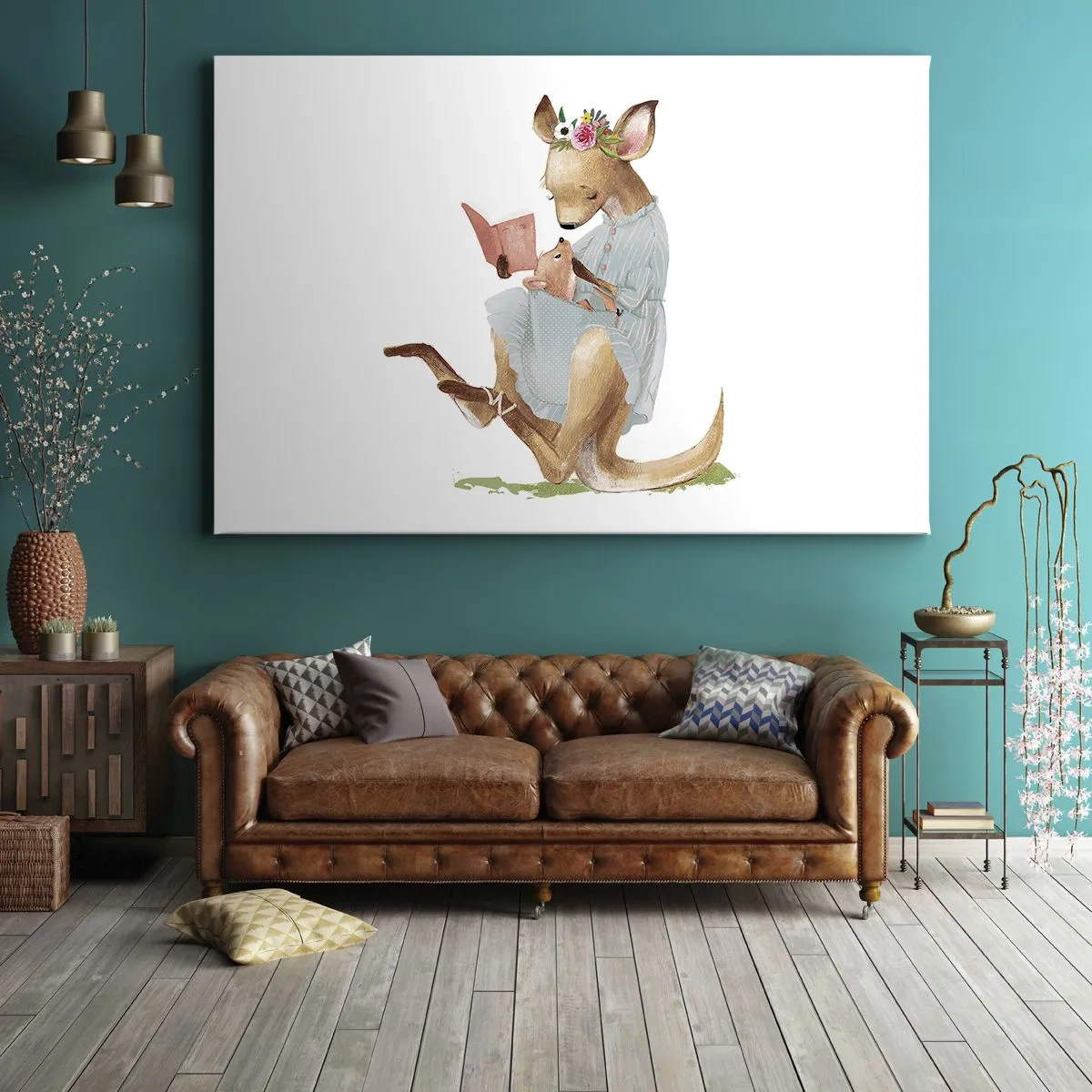 Lærredstryk - Billede på lærred - Kanga læser en bog med en baby - 70x50cm - Læs for mig, mor - Moderne vægdekoration til stue og soveværelse ARTTOR