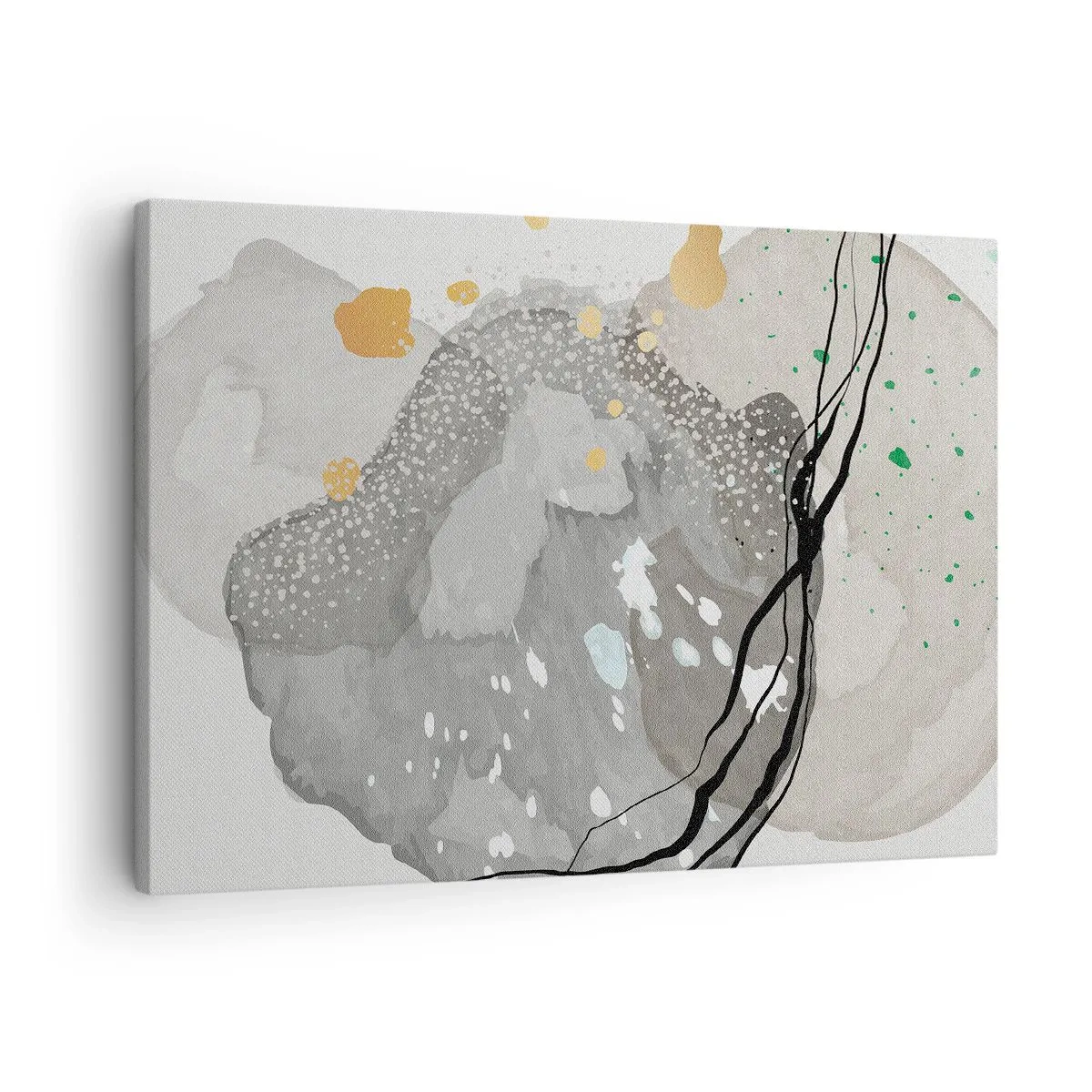 Lærredstryk - Billede på lærred - Organiske former i grå nuancer med accenter af sort og guld - 70x50cm - Organisk komposition - Moderne vægdekoration til stue og soveværelse ARTTOR