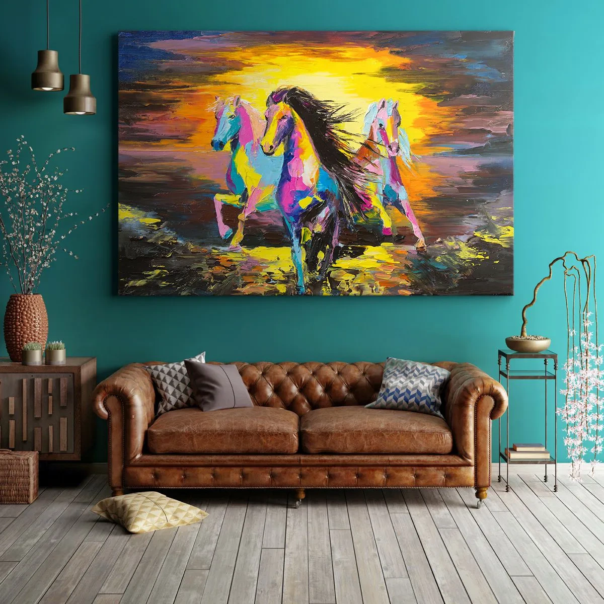 Lærredstryk - Billede på lærred - Farverige heste galoperer mod baggrunden af den nedgående sol - 70x50cm - Nedsænket i regnbuen - Moderne vægdekoration til stue og soveværelse ARTTOR