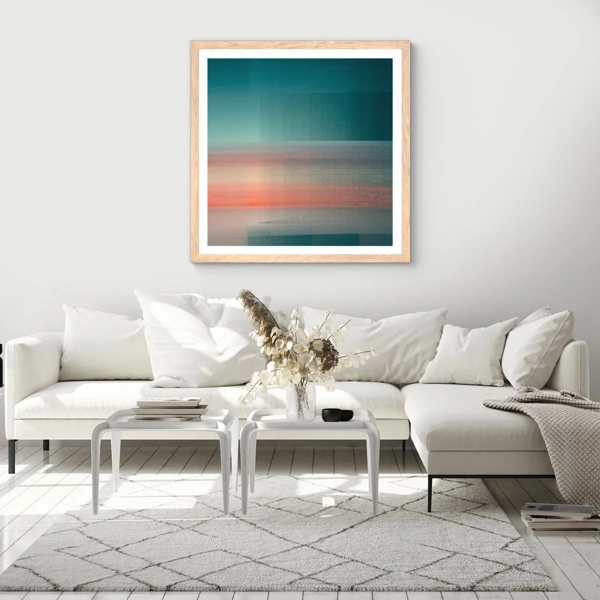 Plakat i ramme af lyst egetræ - Abstraktion: bølger af lys - 30x30 cm
