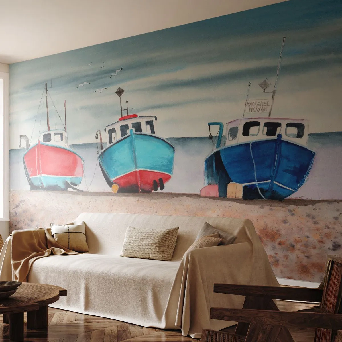 Fototapet Premium Sand - Klar til at fange - Nautisk, Ved havet, Fiskekuttere - 400x280 cm