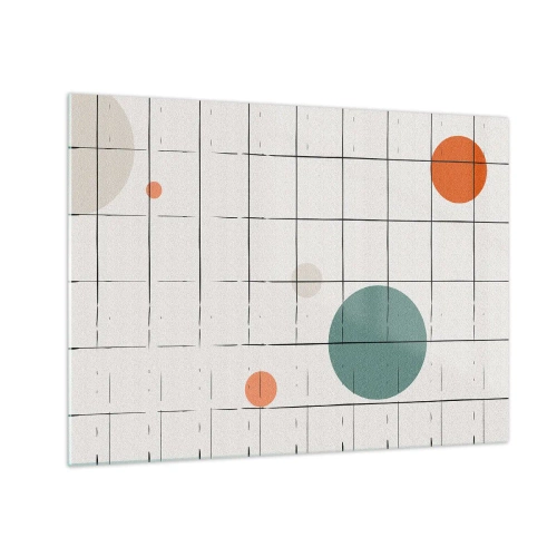 Billede på glas - Farverige cirkler på et geometrisk gitter af tynde linjer - 70x50cm - Fanget i en fælde. Os eller dem? - Moderne vægdekoration til stue og soveværelse ARTTOR