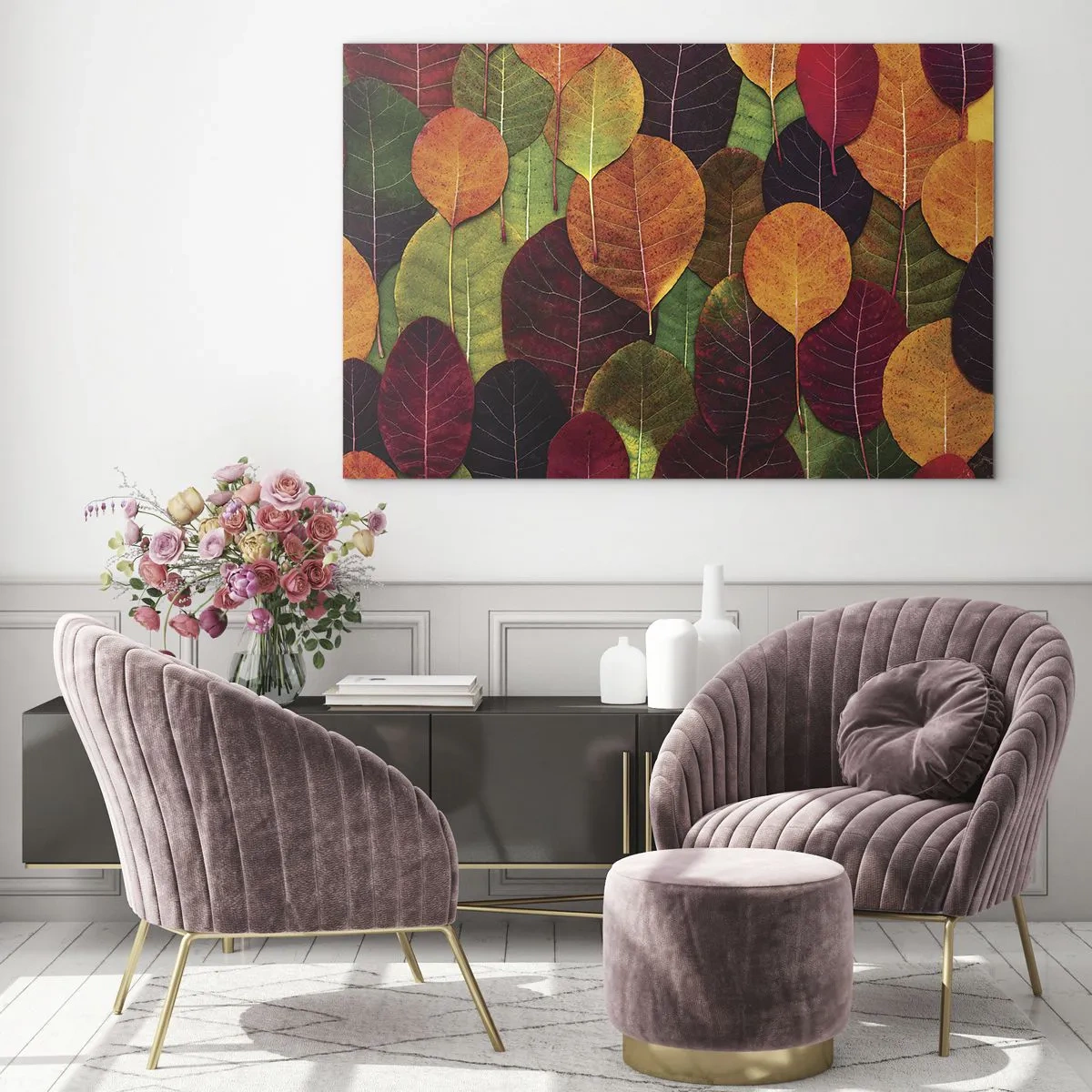 Billede på glas - Farverige efterårsblade i et kunstnerisk arrangement - 70x50cm - Efterårsmosaik - Moderne vægdekoration til stue og soveværelse ARTTOR