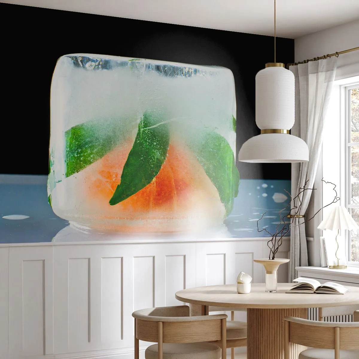 Fototapet Selvklæbende Deluxe Sticker - Frisk og kølig - Isterning, orange, Mynteblad - 100x70 cm