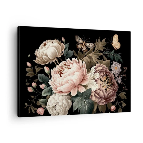 Lærredstryk - Billede på lærred - En buket lyserøde blomster og sommerfugle på en sort baggrund - 70x50cm - I barok stil - Moderne vægdekoration til stue og soveværelse ARTTOR