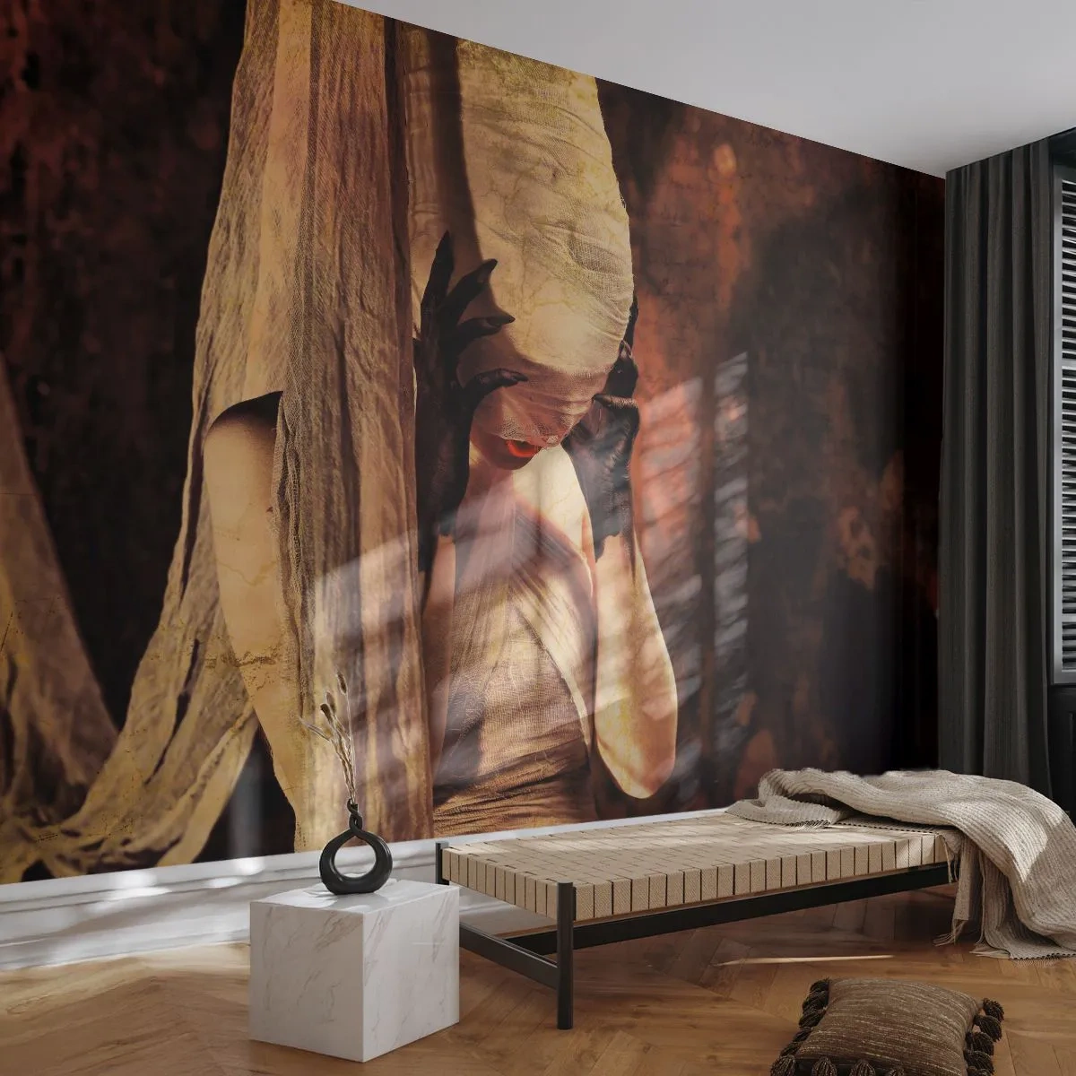 Fototapet Premium Sand - Mellem godt og ondt - Teater, Stykke, Mand - 100x70 cm