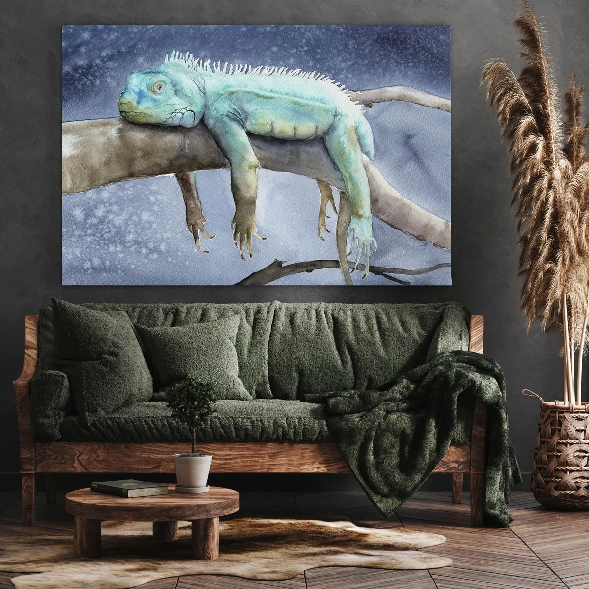 Lærredstryk - Billede på lærred - Blå leguan hviler på en gren - 70x50cm - Det er godt! - Moderne vægdekoration til stue og soveværelse ARTTOR
