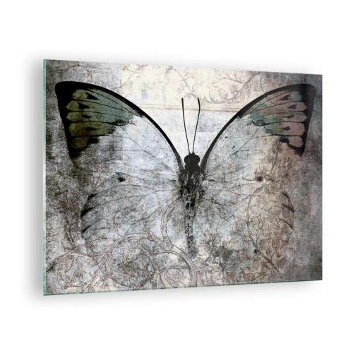 Billede på glas - Abstrakt sommerfugl på baggrund af en gammel ornament - 70x50cm - I Art Nouveau stil - Moderne vægdekoration til stue og soveværelse ARTTOR