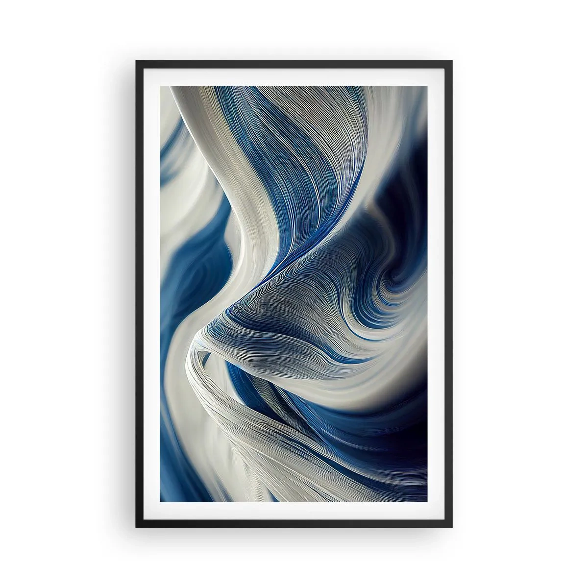 Plakat i sort ramme - Flydende blå og hvide farver - 61x91 cm