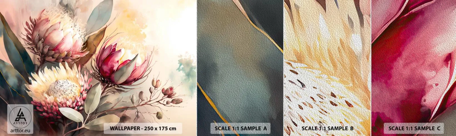 Prøve Fototapet Premium Sand - I profil og en face - Blomster, Art Deco, Botanik - 100x30 cm