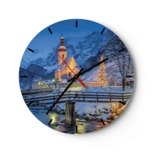Vægur, Uret - Kirke i vintermiljø med juletræ - 30x30cm - Julens ånd - Moderne vægdekoration til stue, køkken og soveværelse ARTTOR