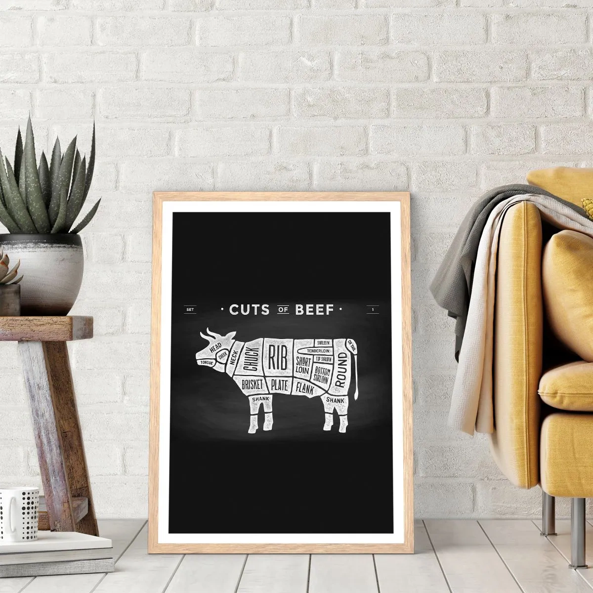 Plakat i ramme af lyst egetræ - Slagterens grundbog - 70x100 cm