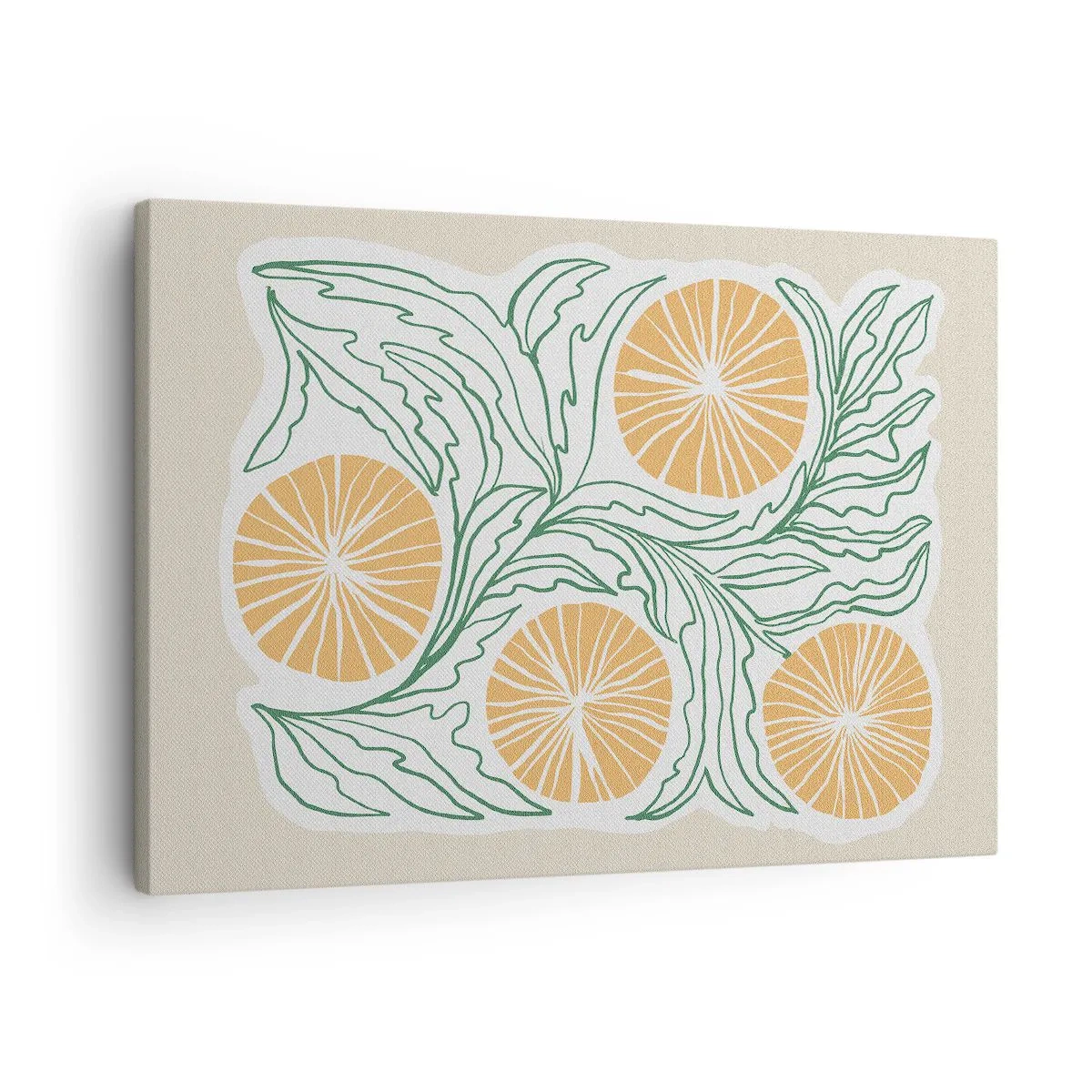 Lærredstryk - Billede på lærred - Et minimalistisk orange motiv med grønne blade - 70x50cm - Etnisk med et strejf af abstraktion - Moderne vægdekoration til stue og soveværelse ARTTOR