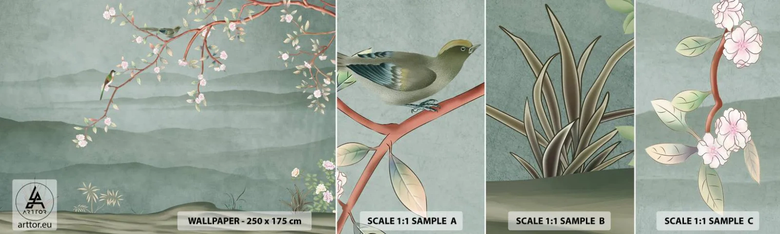 Fototapet Prøve Standard Eco - Forår, ah, det er dig - Pastel, Fugle, Blomster - 100x30 cm