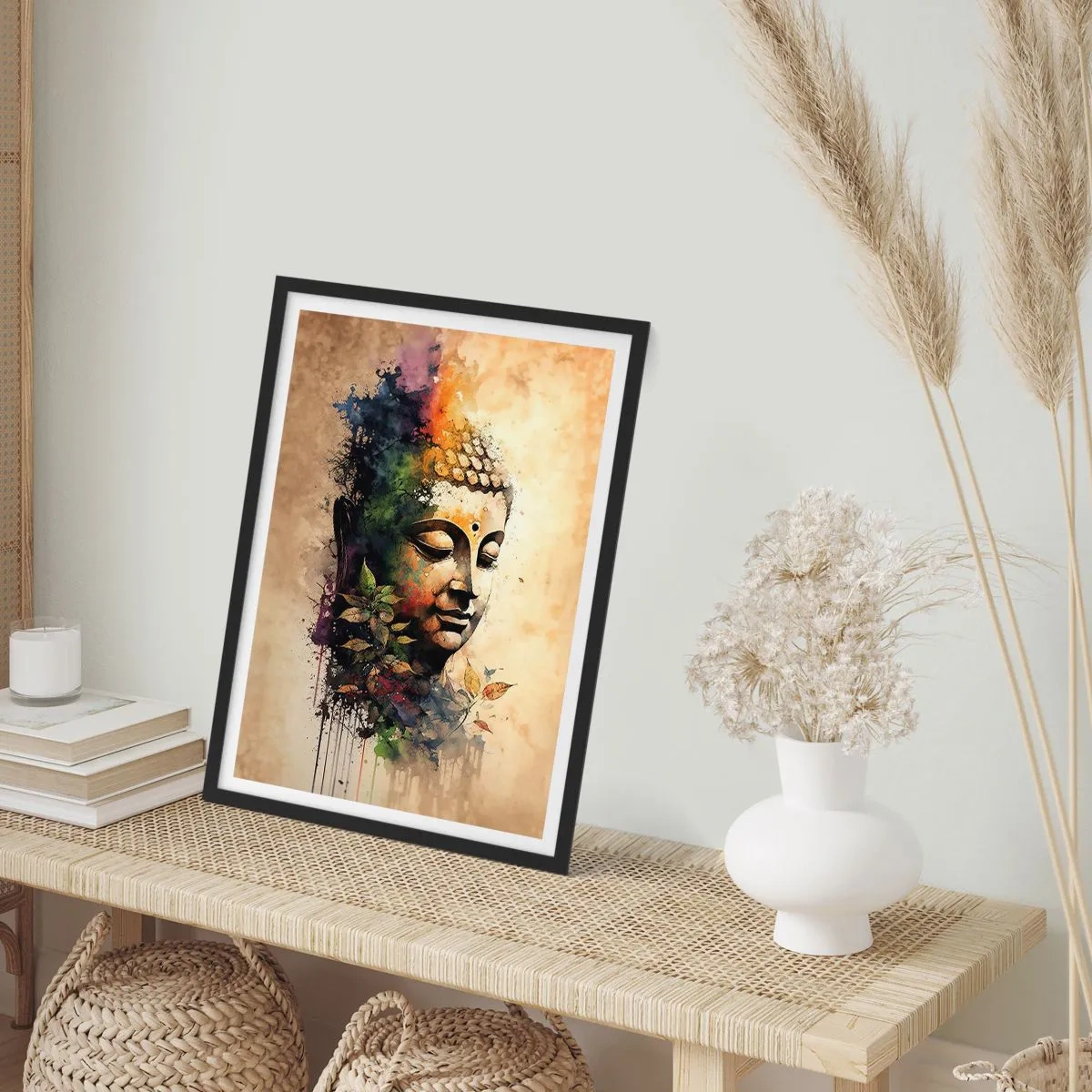 Plakat i sort ramme - Et farverigt portræt af Buddha i kunstnerisk akvarelstil. - 50x70cm - Namaste! - Moderne vægdekoration til stue og soveværelse ARTTOR