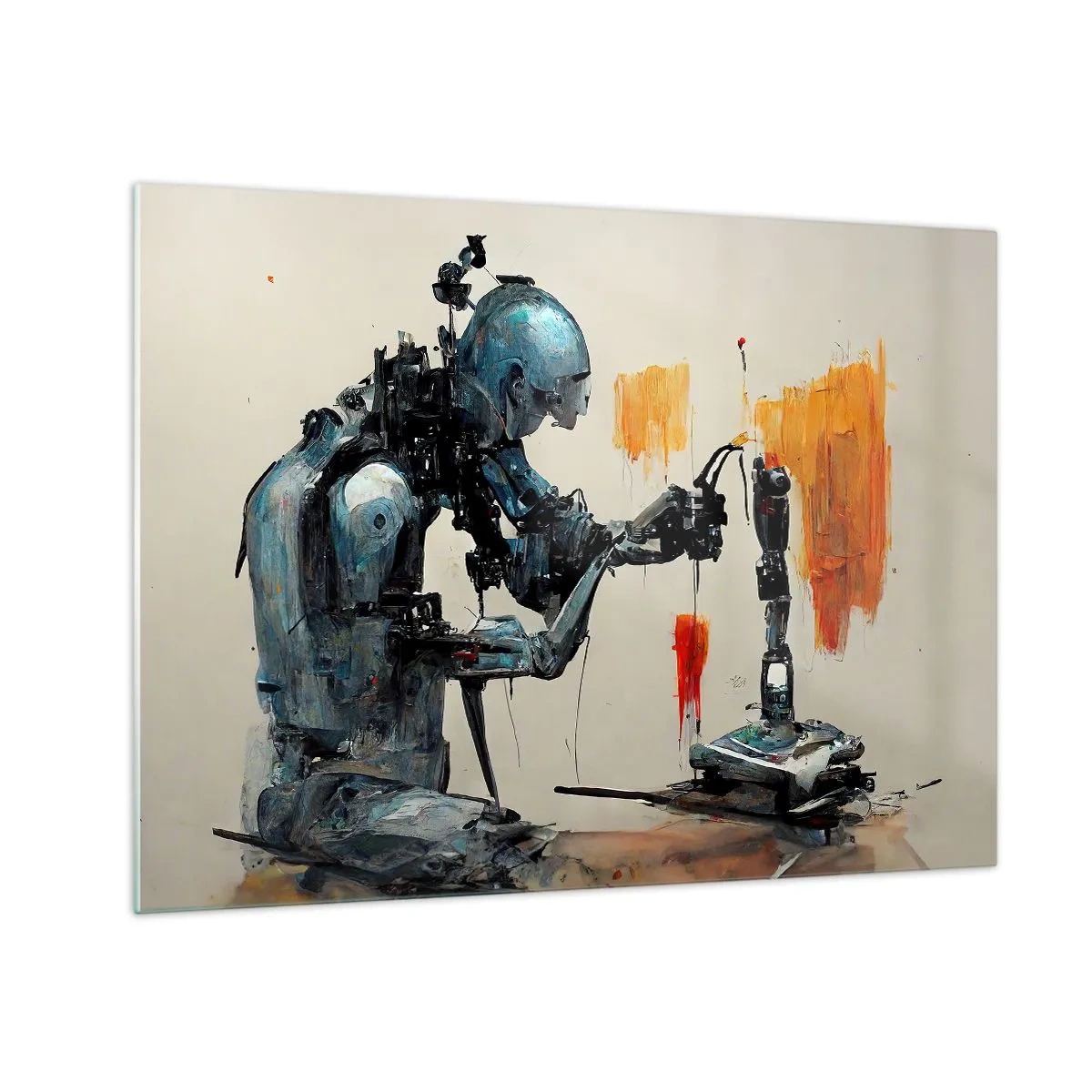 Billede på glas - En robot, der maler en mekanisk hånd på en abstrakt baggrund. - 70x50cm - Kommer i morgen... - Moderne vægdekoration til stue og soveværelse ARTTOR