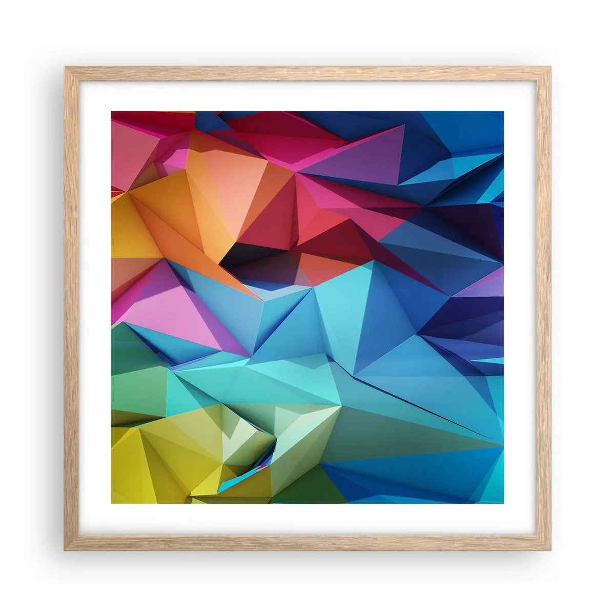 Plakat i ramme af lyst egetræ - Regnbue origami - 50x50 cm